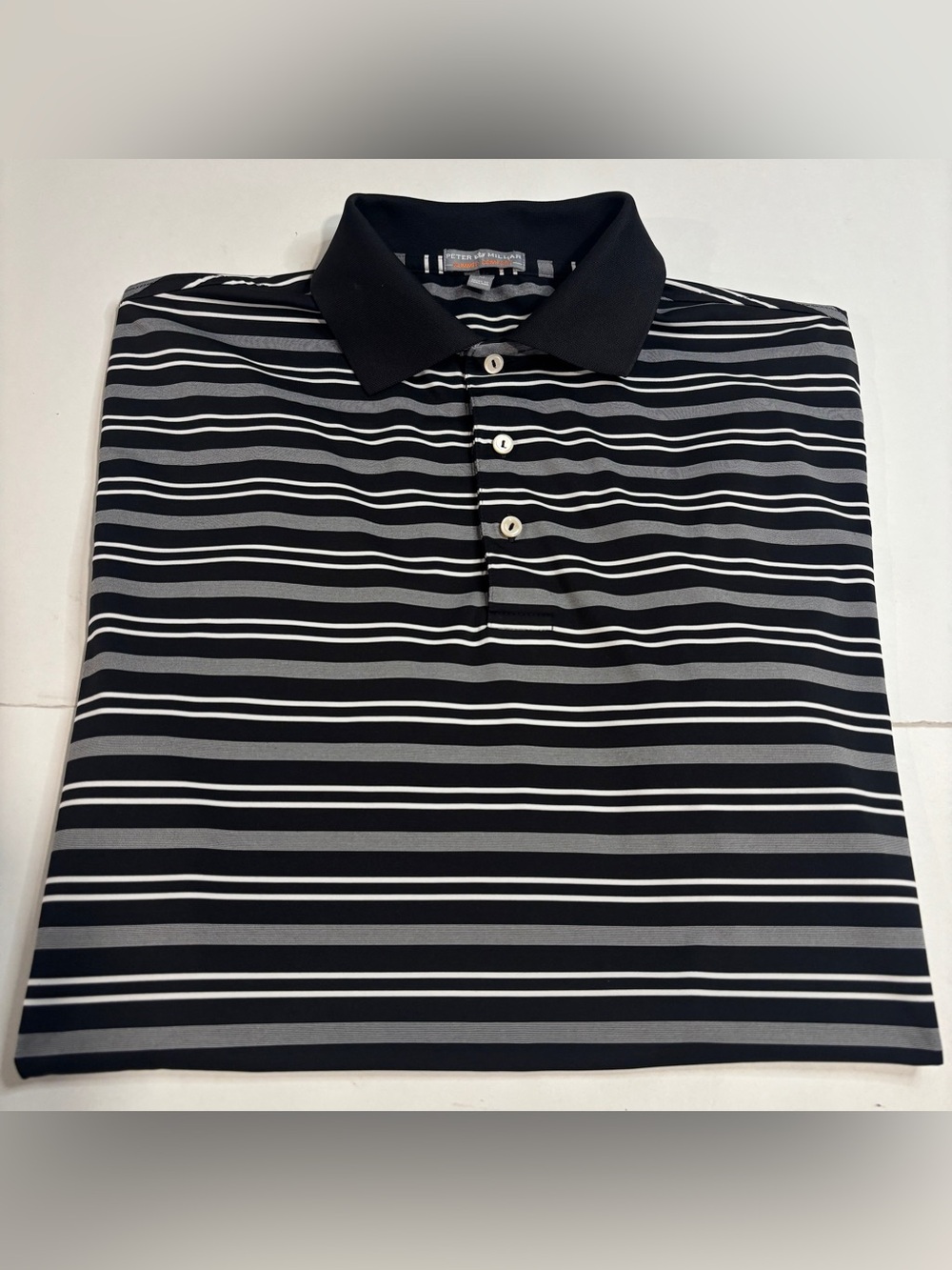 Peter Millar Summer Comfort Men's Golf Polo Shirt Black/White Striped Sz Medium